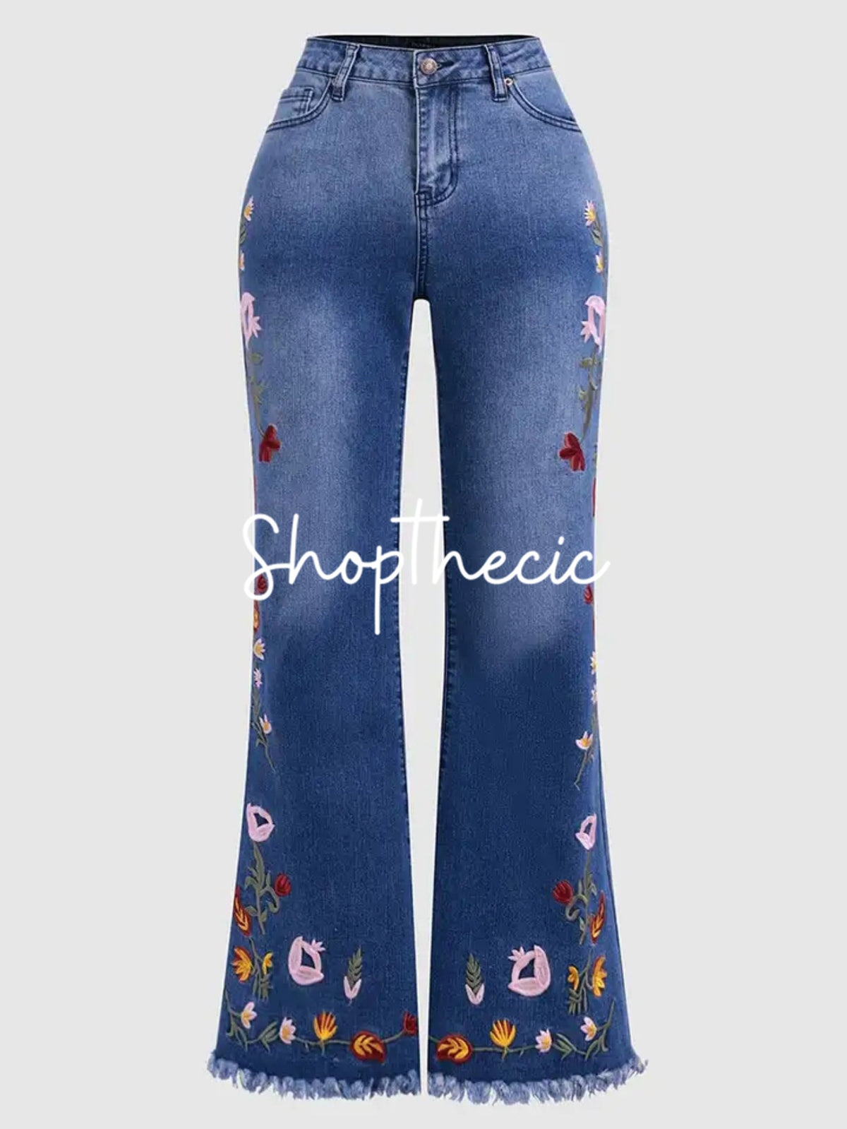 High-elasticity frayed hem and embroidery flared jeans