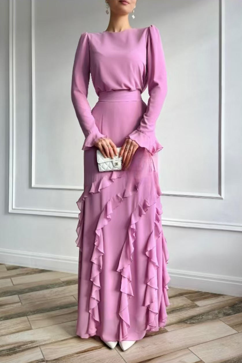 Long-sleeved top with ruffled hem and fitted long skirt two-piece set