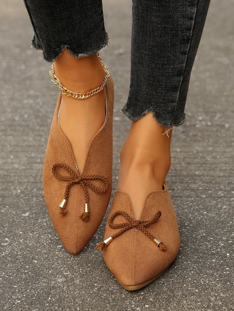 Canvas suede bow pointed toe flat slip-ons