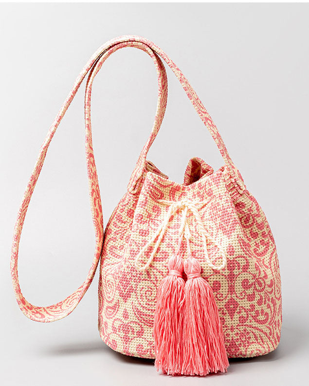 Sac seau en toile à franges imprimé bohème