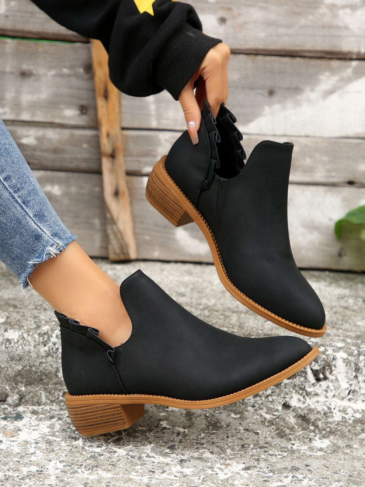 Ruffled Detail V-cut Chunky Low Heeled Slip On Ankle Botties