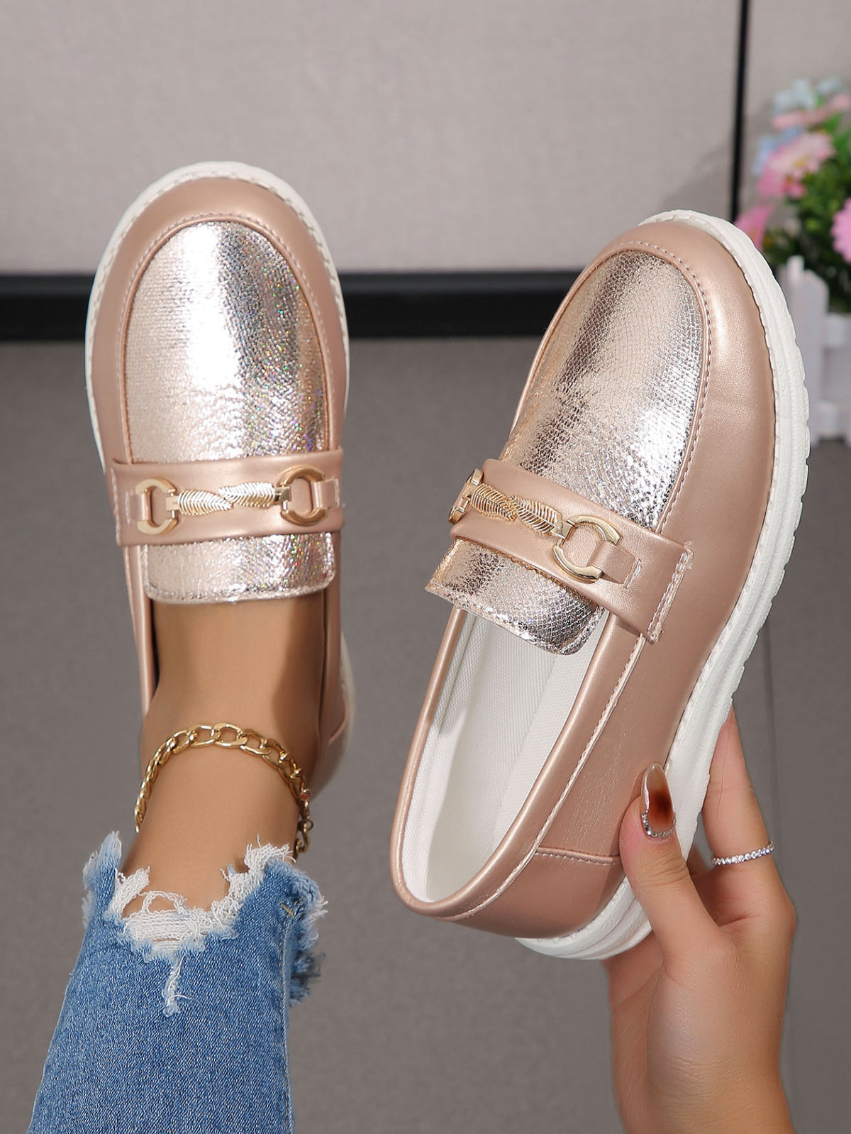 Champagne Leaf-Shaped Metallic Buckle Flat Loafers