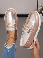 Champagne Leaf-Shaped Metallic Buckle Flat Loafers