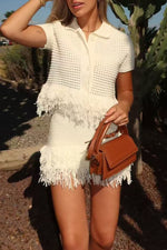 Tassel Short-Sleeved Knit Jacket High-Waisted Miniskirt Set