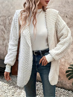 White Wavy Double-Faced Fleece Hooded Cardigan
