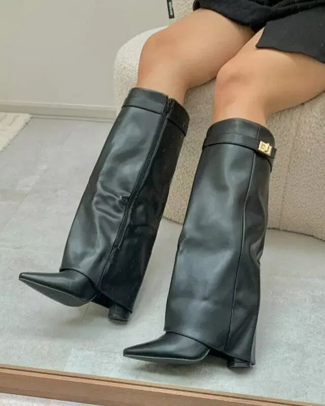 Pointed toe block heel wide circumference metal buckle mid-calf wide-leg slouch boots
