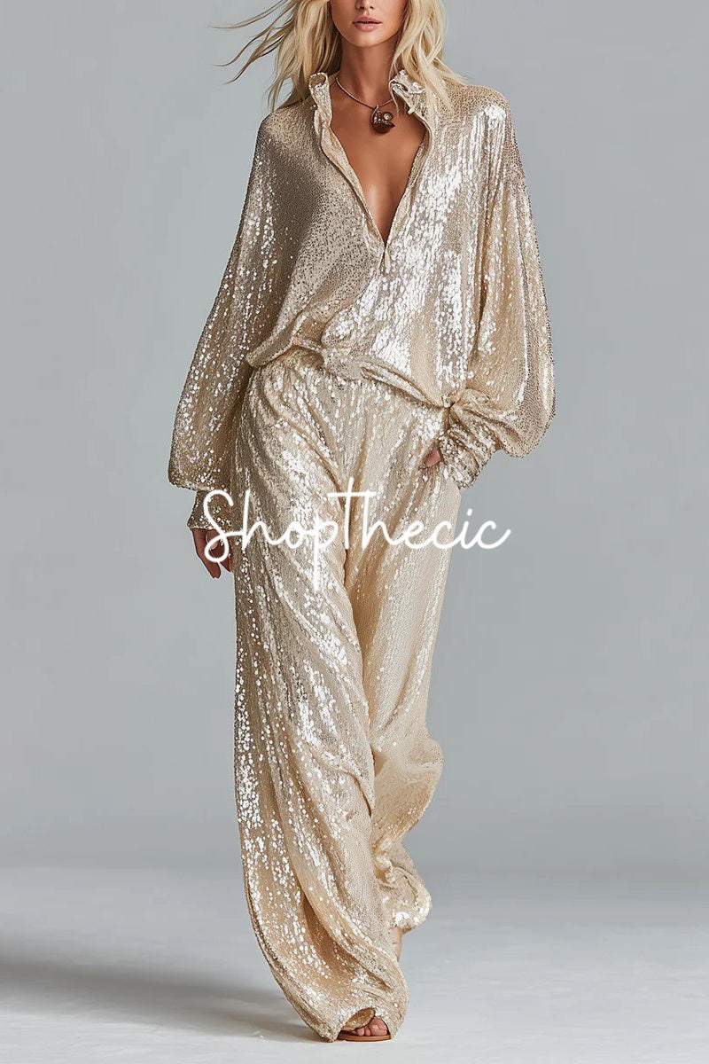 Sequined stand-up collar half-zip top wide-leg pants two-piece set