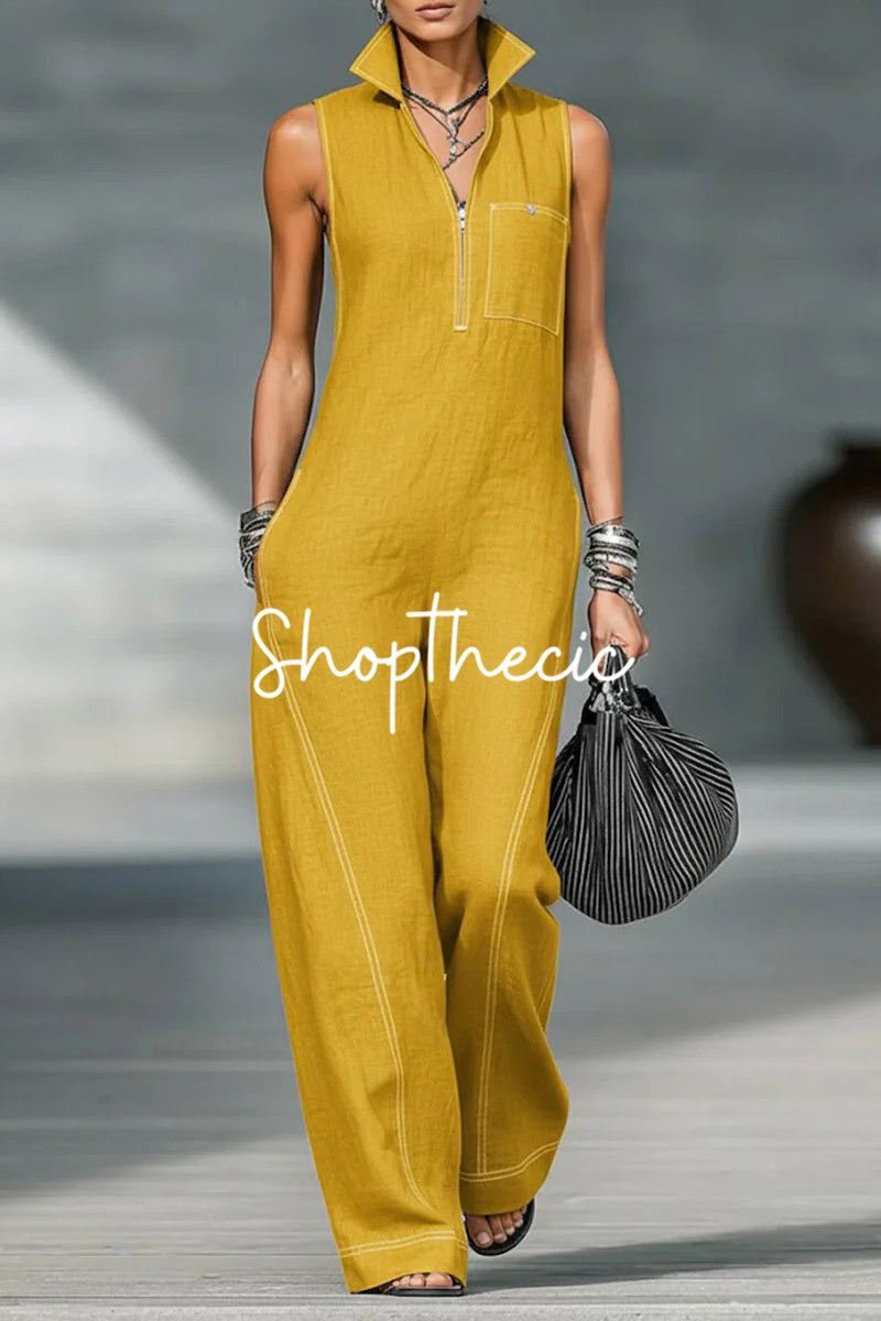 Minimalist Stand Collar Trim Sleeveless Jumpsuit