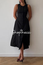 Round neck sleeveless single-breasted fitted waist belted maxi dress