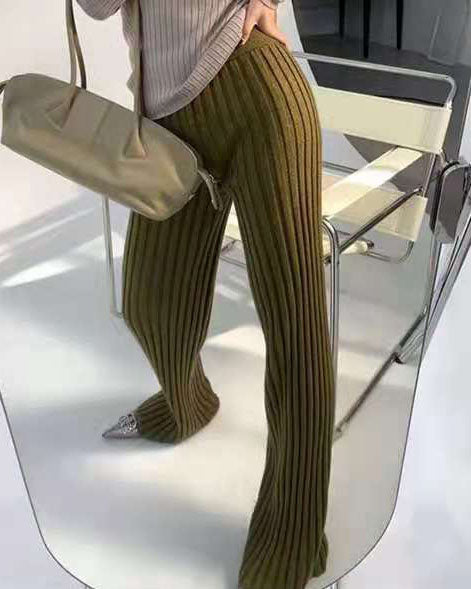 High-waisted draped pitted straight-leg loose knit trousers