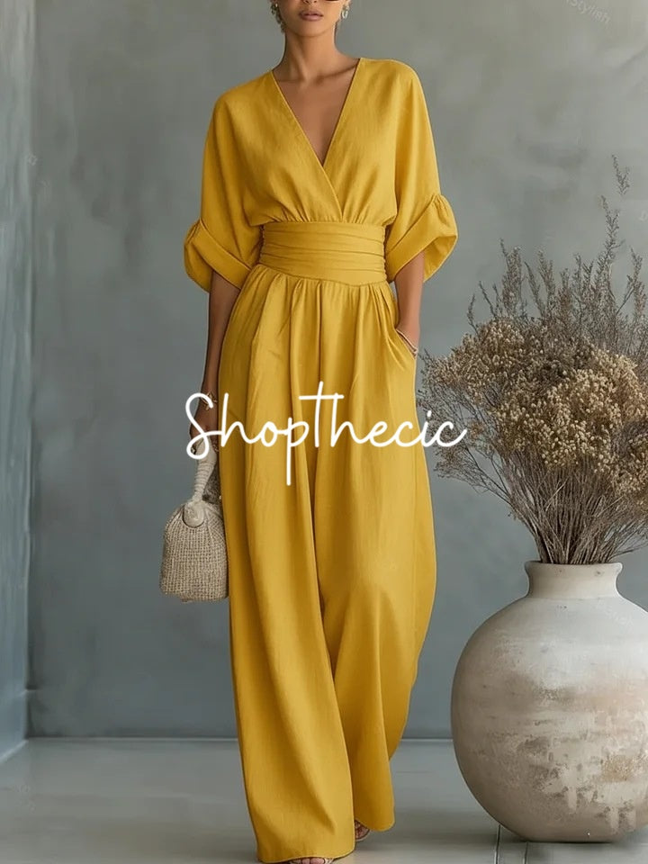 Elegant solid color fitted waist V-neck jumpsuit