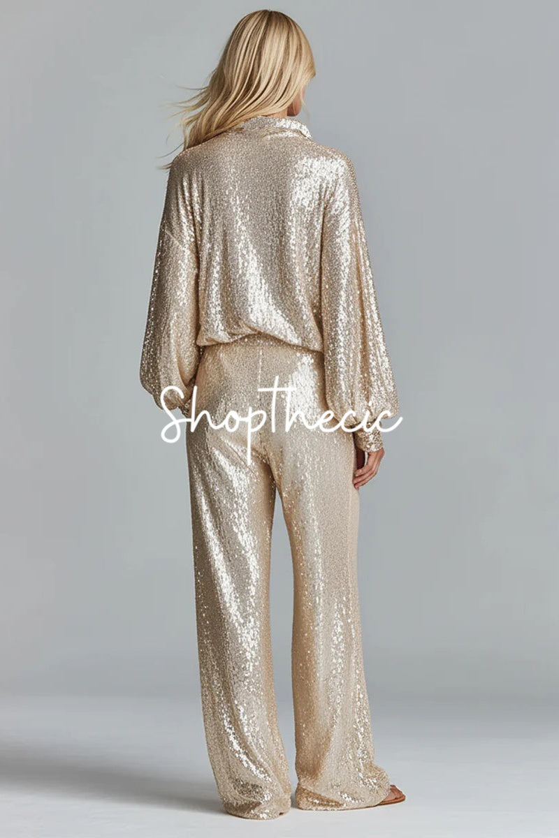Sequined stand-up collar half-zip top wide-leg pants two-piece set