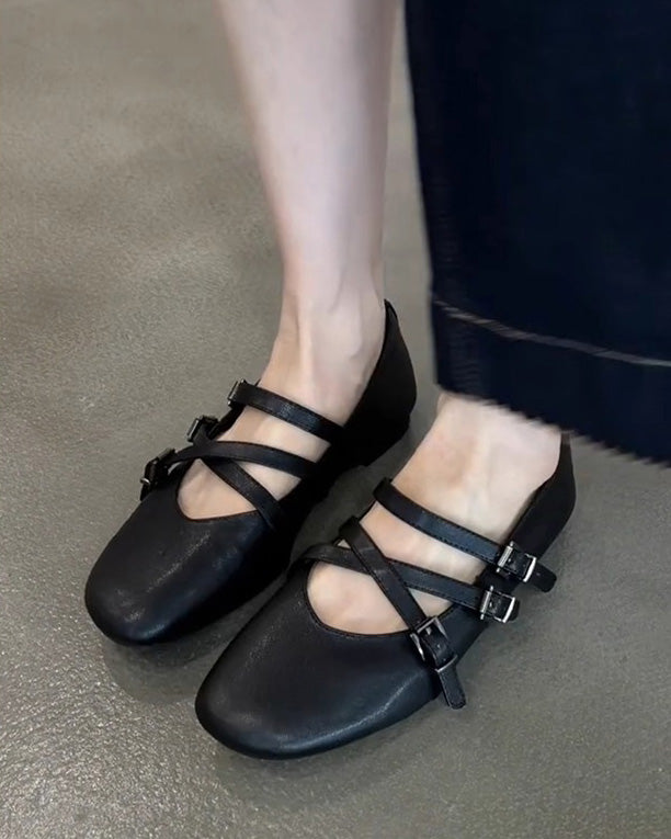 Sheepskin leather round toe cross strap flat Mary Jane shoes
