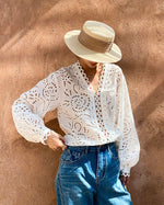 Cotton embroidered collarless cutout white shirt