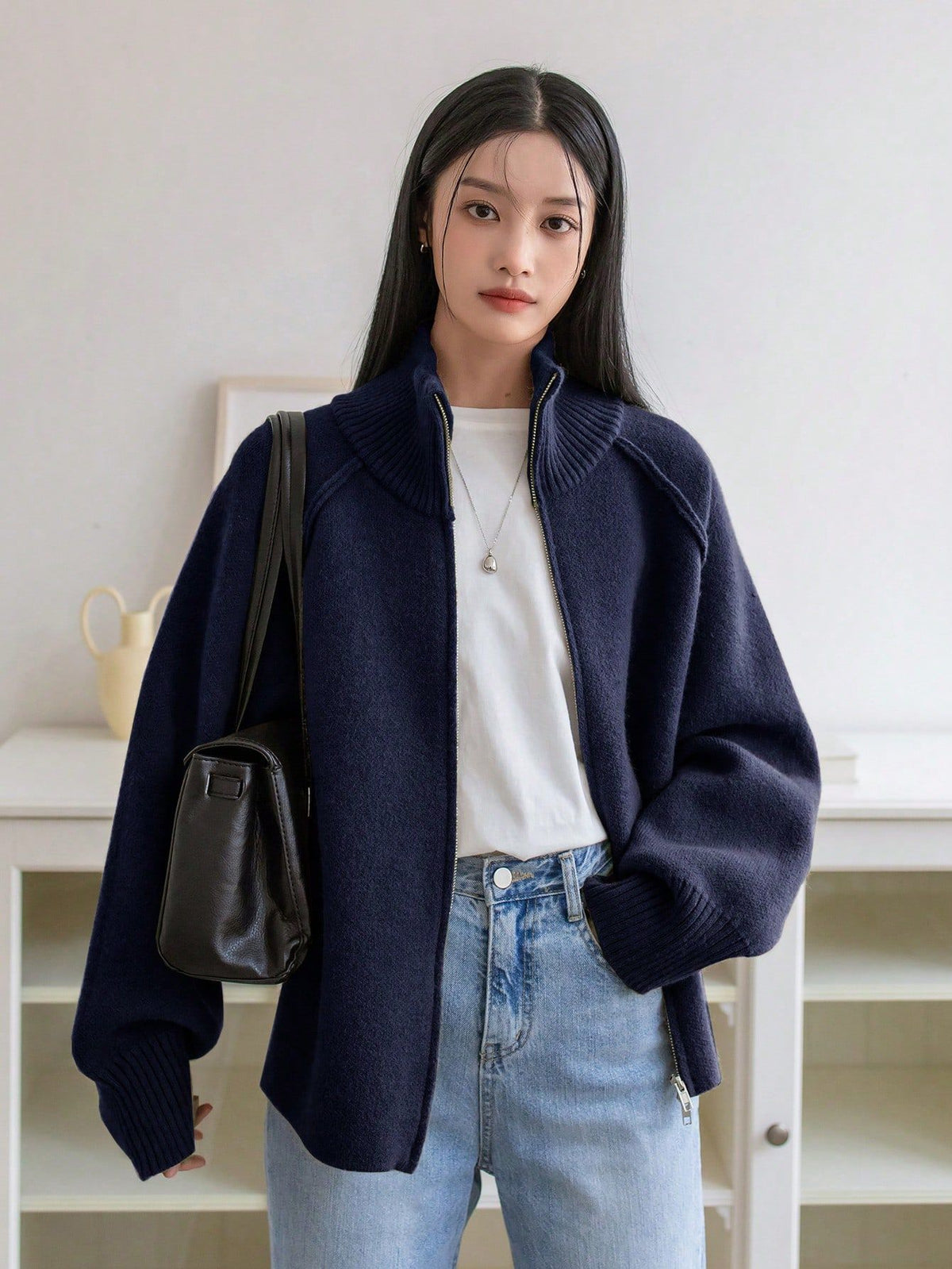 Cozy solid color stand collar zipper knitted cardigan top