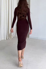 Solid color long sleeve high collar exposed waist hip slim dress
