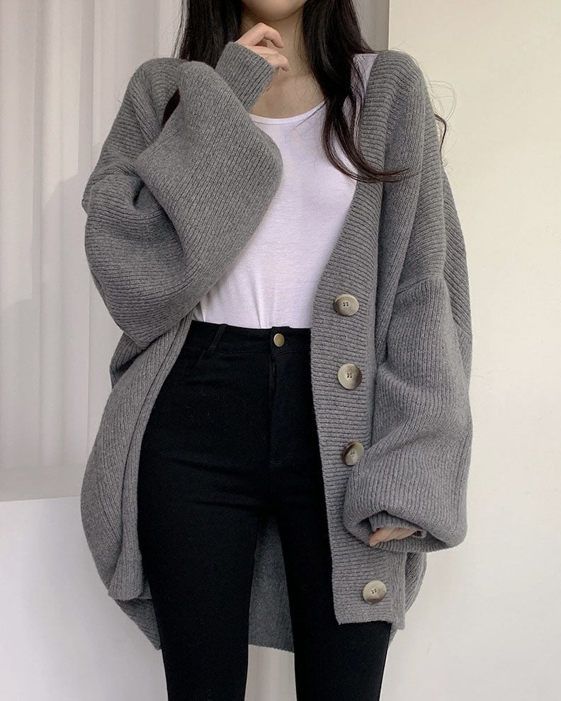 Cardigan tricoté à manches lanternes amples à simple boutonnage et col en V