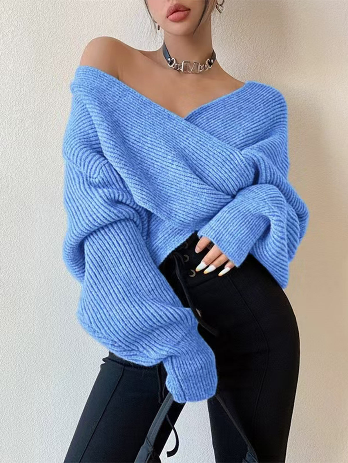 Off-the-shoulder cross-over asymmetrical cropped sweater