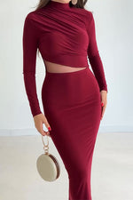 Solid color long sleeve high collar exposed waist hip slim dress