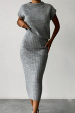 Sleeveless knitted pullover top and fitted long skirt two-piece set