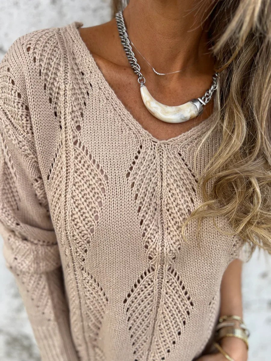 Reversible hollow leaf pattern V-neck long-sleeved knitted sweater