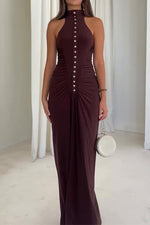Sleeveless half-high collar multi-button slim-fit long dress