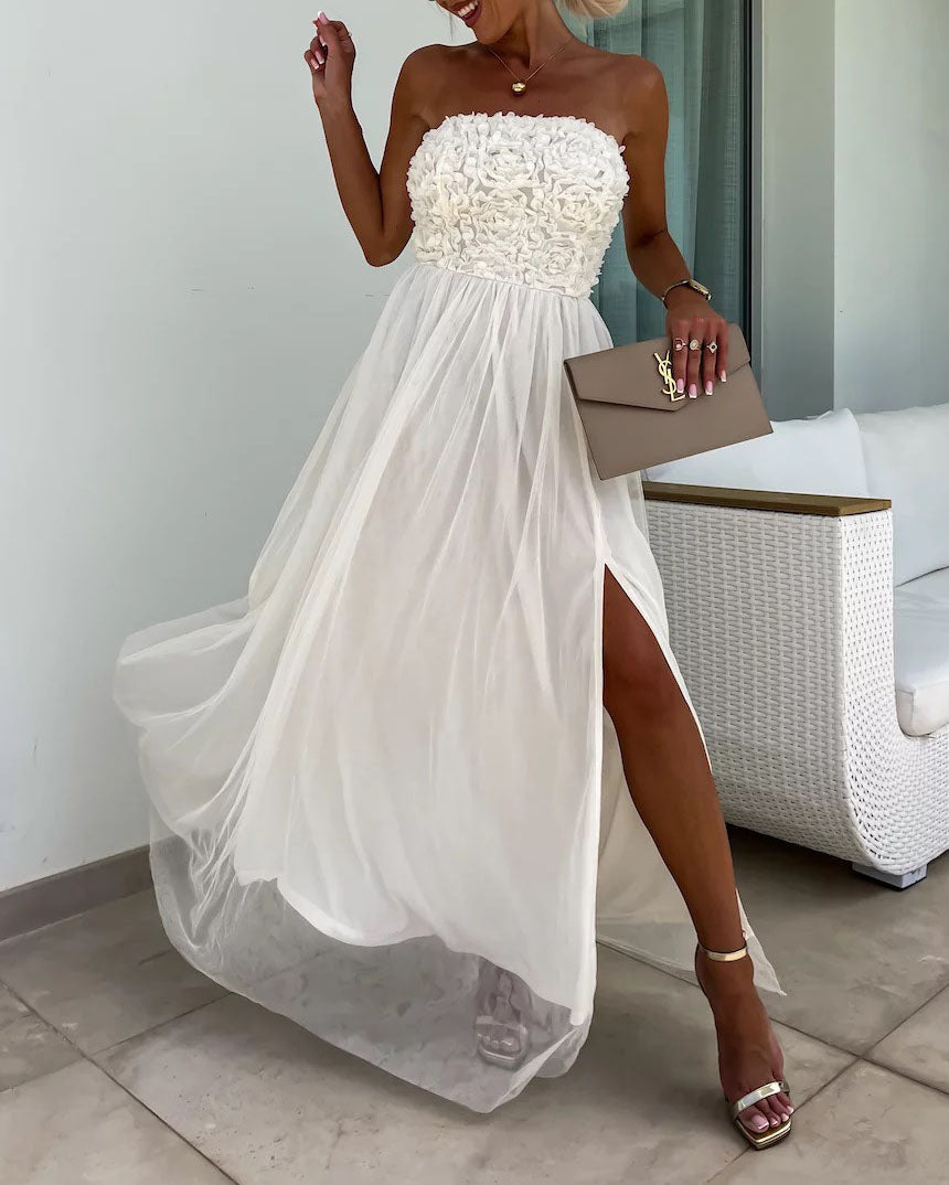 Off-shoulder tube top mesh slit tutu dress