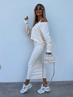 Solid Color V-Neck Long Sleeve Sweatshirt Suspender Slim Maxi Dress Two Piece Set