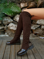 Suede stretch fabric paneling lace-up back knee-high boots
