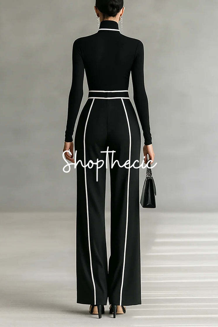 Black stand-up collar white contrasting trim knit top and wide-leg pants two-piece set