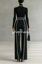 Black stand-up collar white contrasting trim knit top and wide-leg pants two-piece set