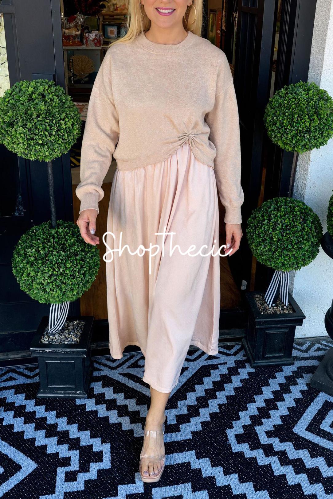 Solid color crew neck long-sleeved sweater and loose skirt two-piece set