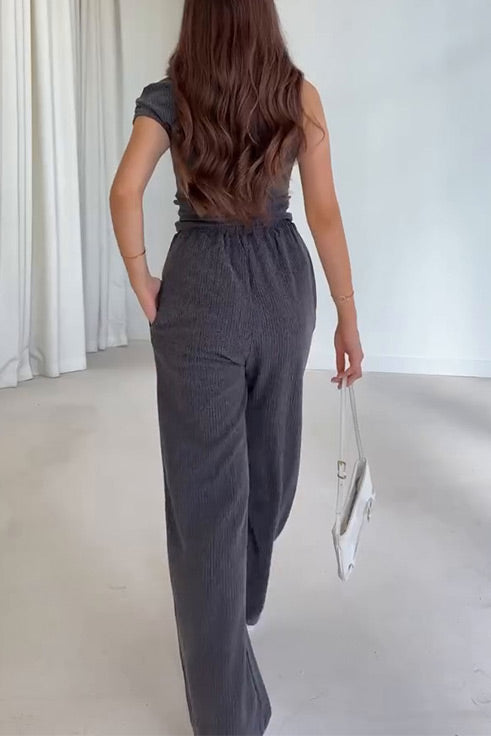 Sleeveless slant collar vest top loose straight pants two-piece set