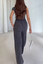 Sleeveless slant collar vest top loose straight pants two-piece set