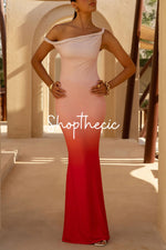 Gradient off-shoulder fishtail maxi dress