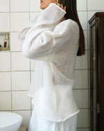 See-through thin scoop neck flared sleeve knitted T-shirt