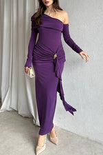 Long-sleeved slant collar lace exposed backpack hip slim dress