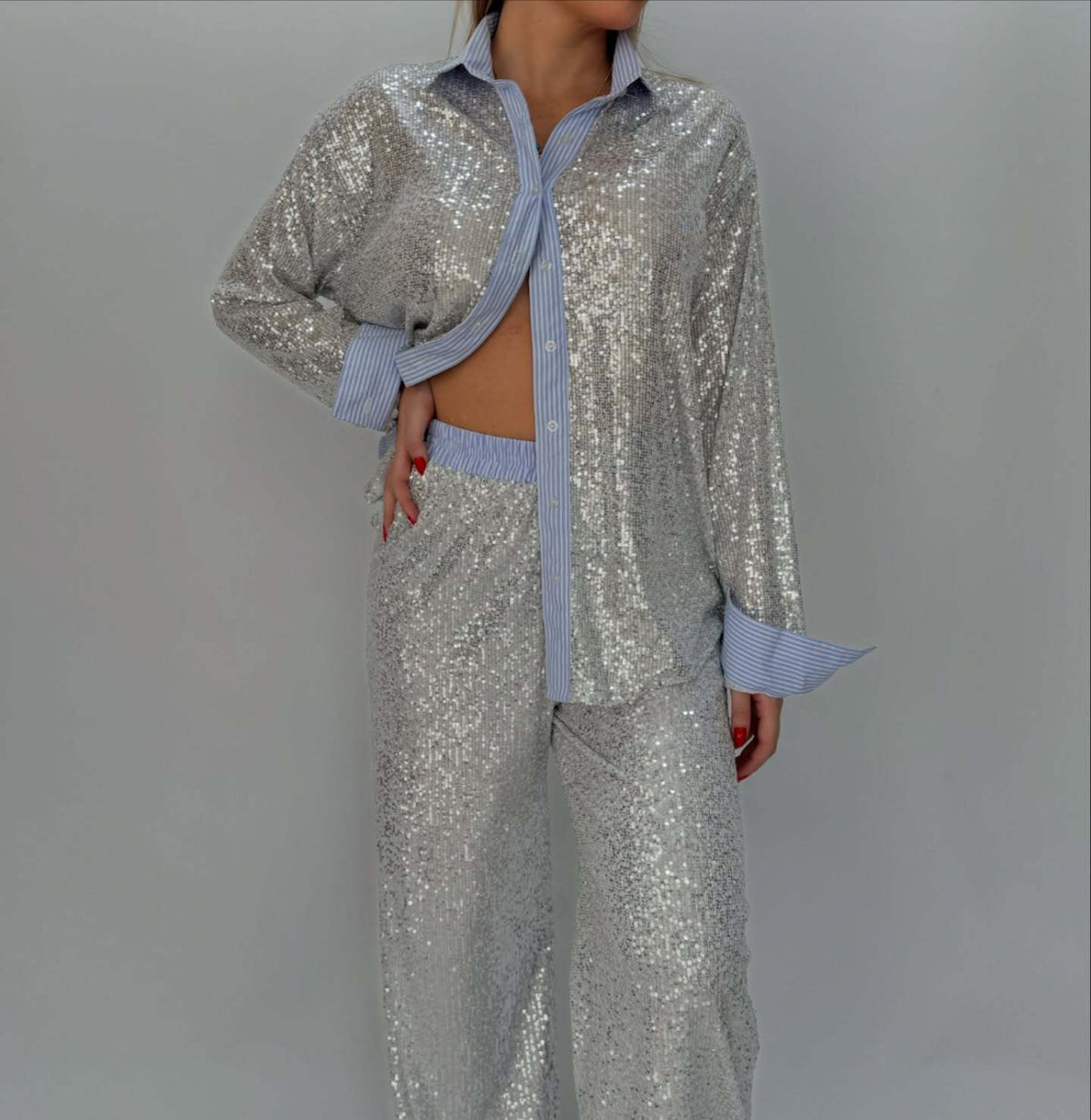 Loose casual sequined suit jacket and wide-leg pants two-piece suit