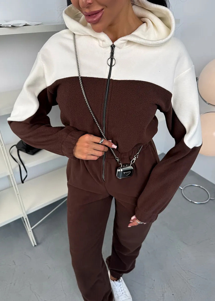 Color-blocked zipper fleece long-sleeved hooded jumpsuit