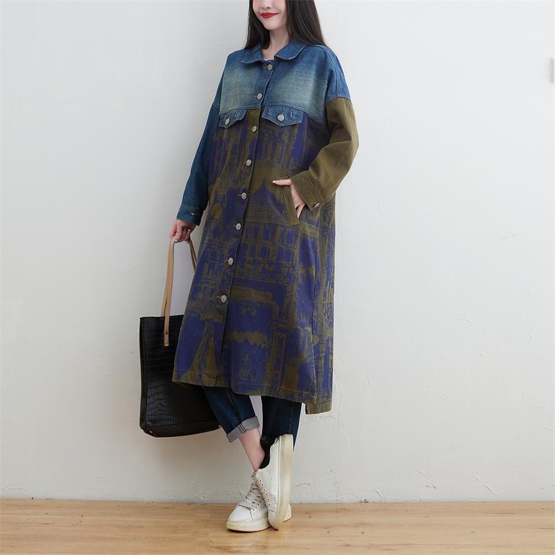 Knielanger Patchwork-Denim-Trenchcoat
