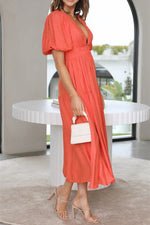 Lantern Sleeve V-neck Cinched Waist Midi Dress