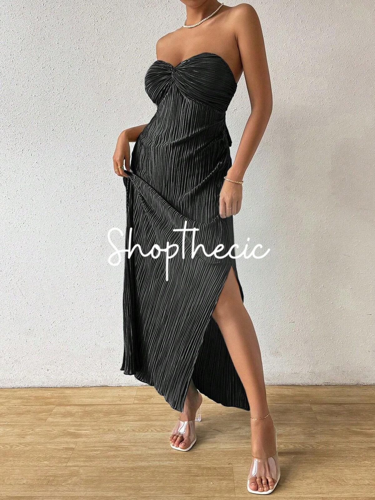 Strapless pleated fitted bow slit maxi dress