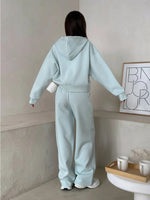 Zippered hooded sweatshirt and lace-up trousers two-piece set