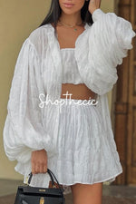 Pleated shirt tube top and high-waisted shorts three-piece set