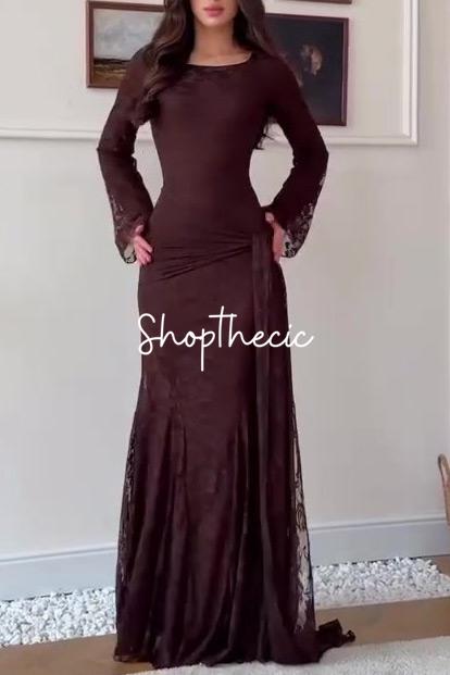 Abito lungo aderente con scialle in pizzo marrone Eroded Glamour