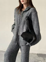 Loose Thickened Knit Hooded Zipper Cardigan Wide-Leg Pants Two-Piece Set