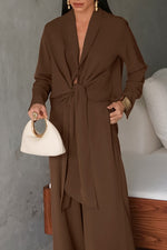 Long-sleeved V-neck tie top and wide-leg pants two-piece suit