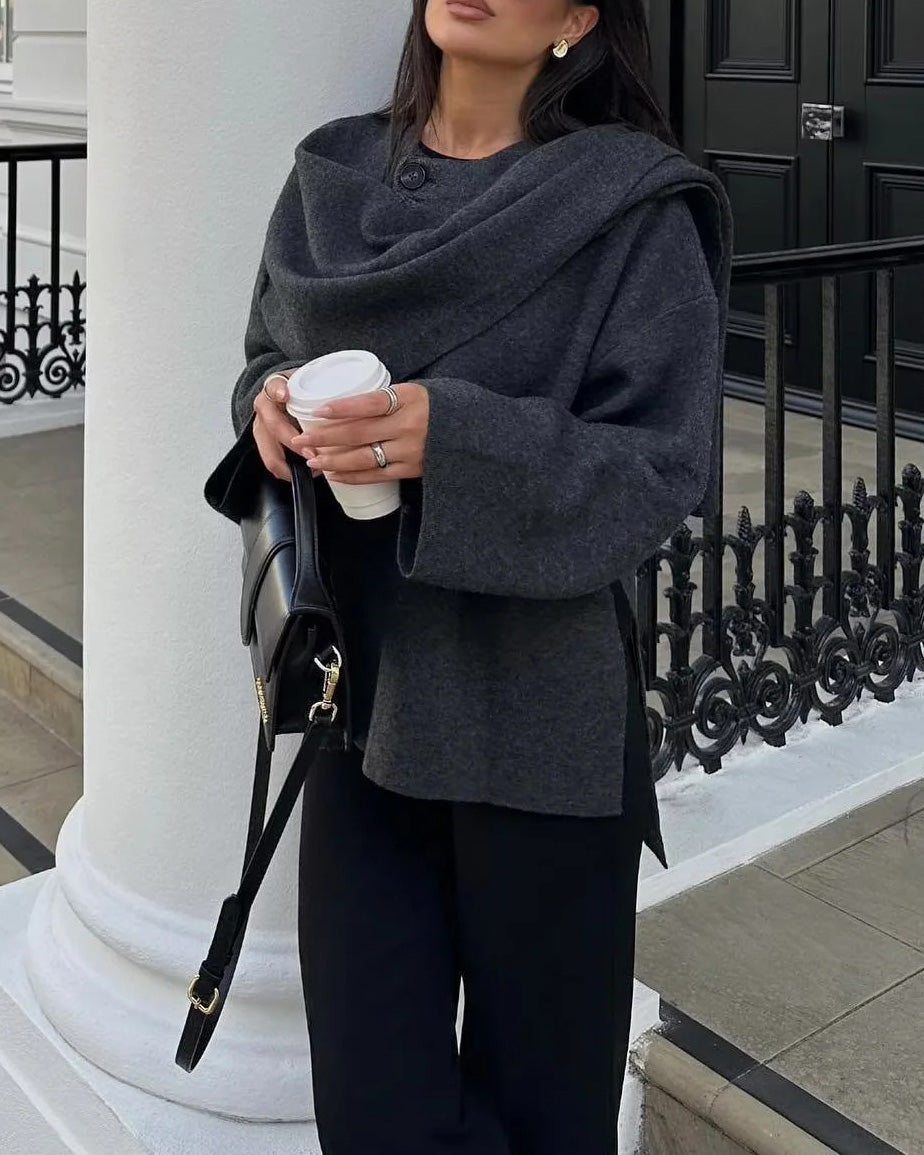 Parisian Boulevard Asymmetric scarf cropped knitted jacket