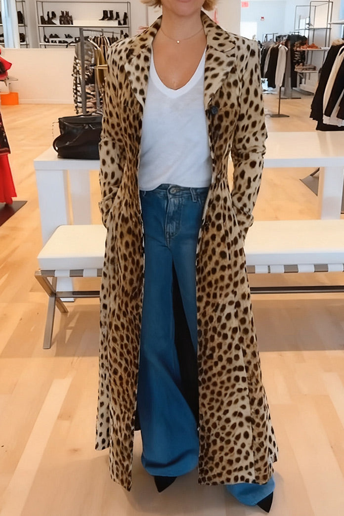 Gradient leopard print lapel long trench coat