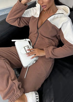 Color-blocked zipper fleece long-sleeved hooded jumpsuit